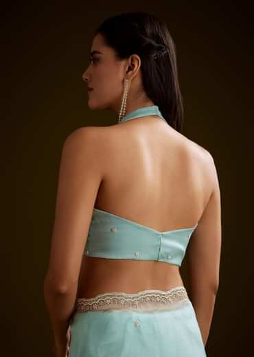 Sea Green Crush Tissue Saree With Stone And Moti Embroidery And Scallop Border