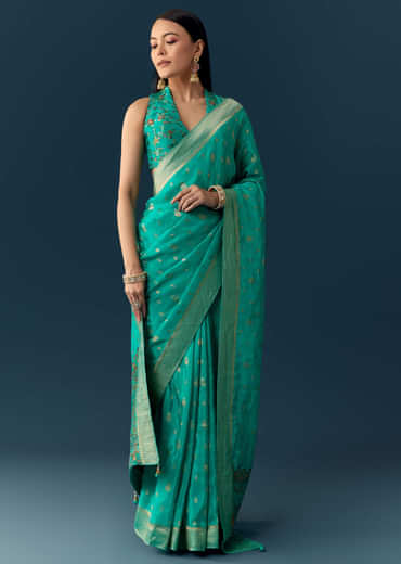 Sea Blue Dola Silk Saree with Woven Border and Unstitched Blouse