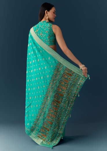 Sea Blue Dola Silk Saree with Woven Border and Unstitched Blouse