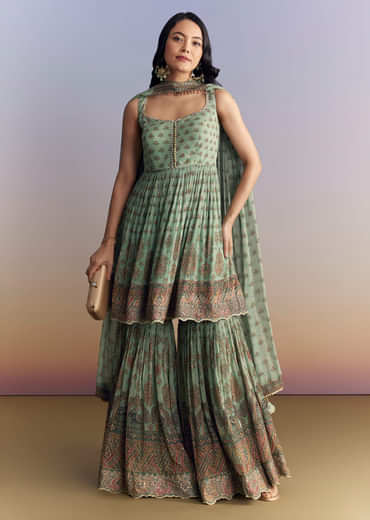 Sea Green Crepe Sharara Suit With Indie Print And Stone Work