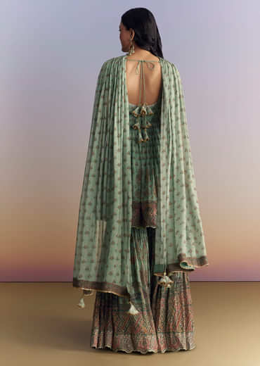 Sea Green Crepe Sharara Suit With Indie Print And Stone Work