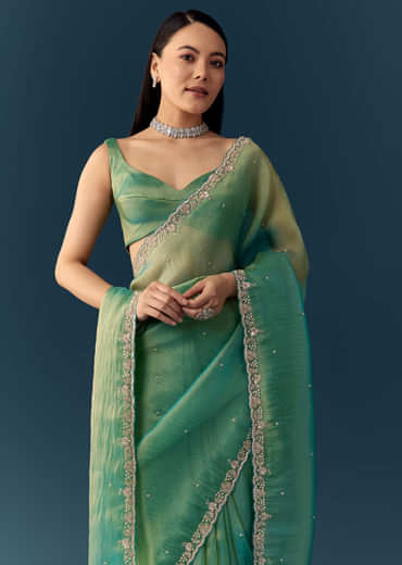 Sea Green Embroidered Tissue Saree with Unstitched Blouse