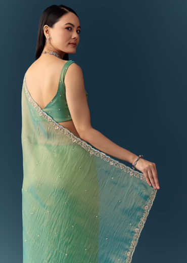Sea Green Embroidered Tissue Saree with Unstitched Blouse