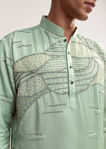 Sea Green Silk Kurta Set For Men With Bead Embroidery