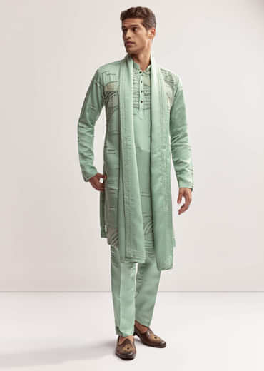 Sea Green Silk Kurta Set For Men With Bead Embroidery