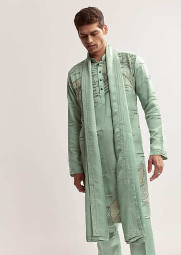 Sea Green Silk Kurta Set For Men With Bead Embroidery