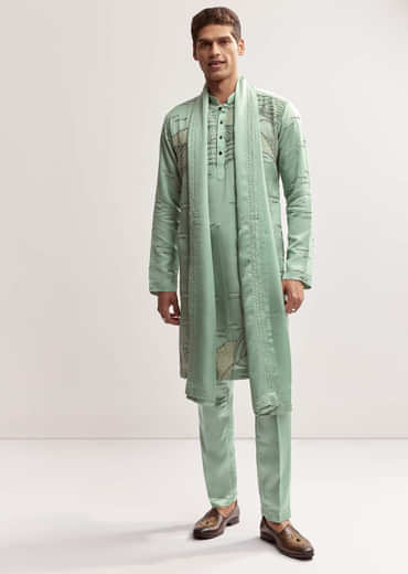 Sea Green Silk Kurta Set For Men With Bead Embroidery