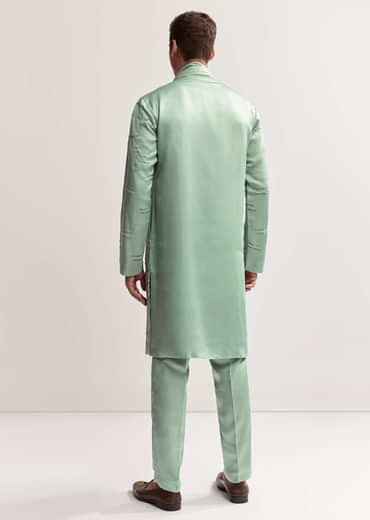 Sea Green Silk Kurta Set For Men With Bead Embroidery