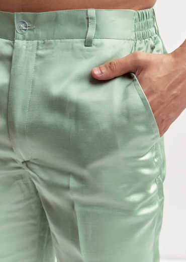 Sea Green Silk Kurta Set For Men With Bead Embroidery