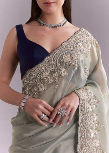 Sea Green Tissue Embroidered Saree With Floral Buttis