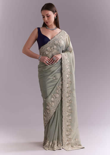 Sea Green Tissue Embroidered Saree With Floral Buttis