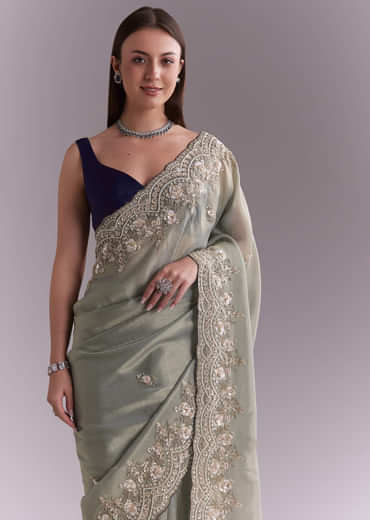 Sea Green Tissue Embroidered Saree With Floral Buttis