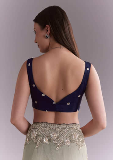 Sea Green Tissue Embroidered Saree With Floral Buttis