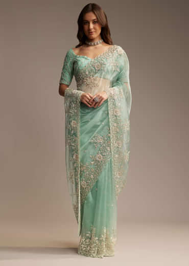 Sea Green Tissue Saree with Cutdana Embroidery