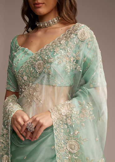 Sea Green Tissue Saree with Cutdana Embroidery