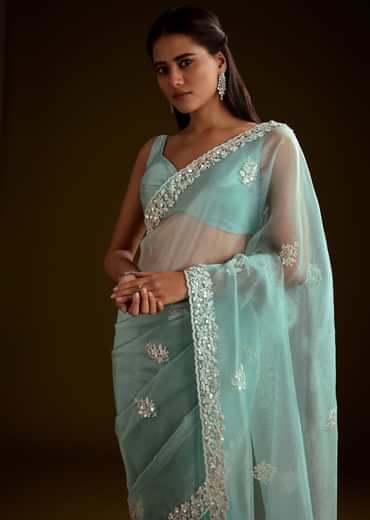 Sea Green Tissue Saree With Floral Embroidery And Scallop Border