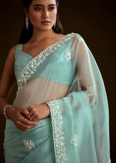Sea Green Tissue Saree With Floral Embroidery And Scallop Border