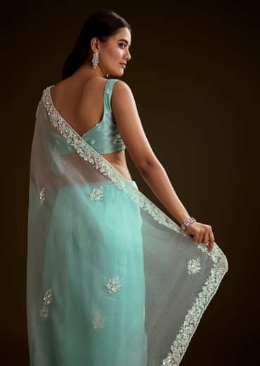 Sea Green Tissue Saree With Floral Embroidery And Scallop Border