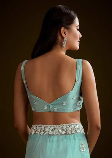 Sea Green Tissue Saree With Floral Embroidery And Scallop Border