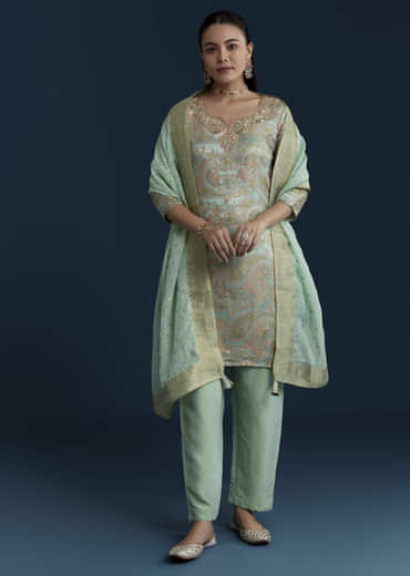 Sea Green Tissue Silk Jacquard Weave Kurta Set