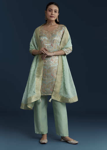 Sea Green Tissue Silk Jacquard Weave Kurta Set