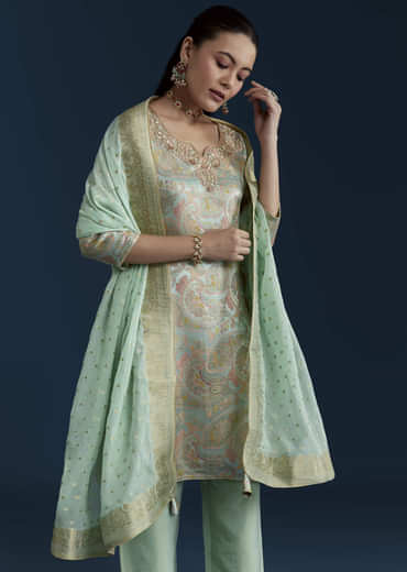 Sea Green Tissue Silk Jacquard Weave Kurta Set