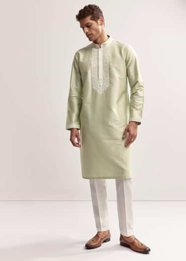 Sea Green Viscose Chanderi Kurta Set For Men With Hand Work