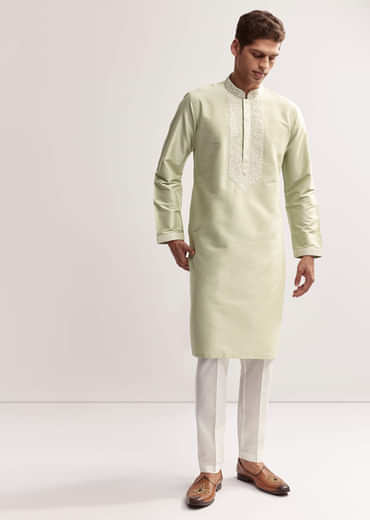Sea Green Viscose Chanderi Kurta Set For Men With Hand Work