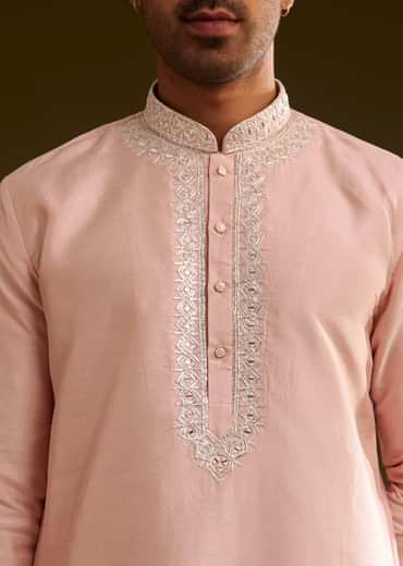 Sea Shell Pink Silk Kurta Set With Embroidery