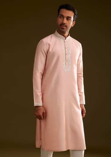 Sea Shell Pink Silk Kurta Set With Embroidery
