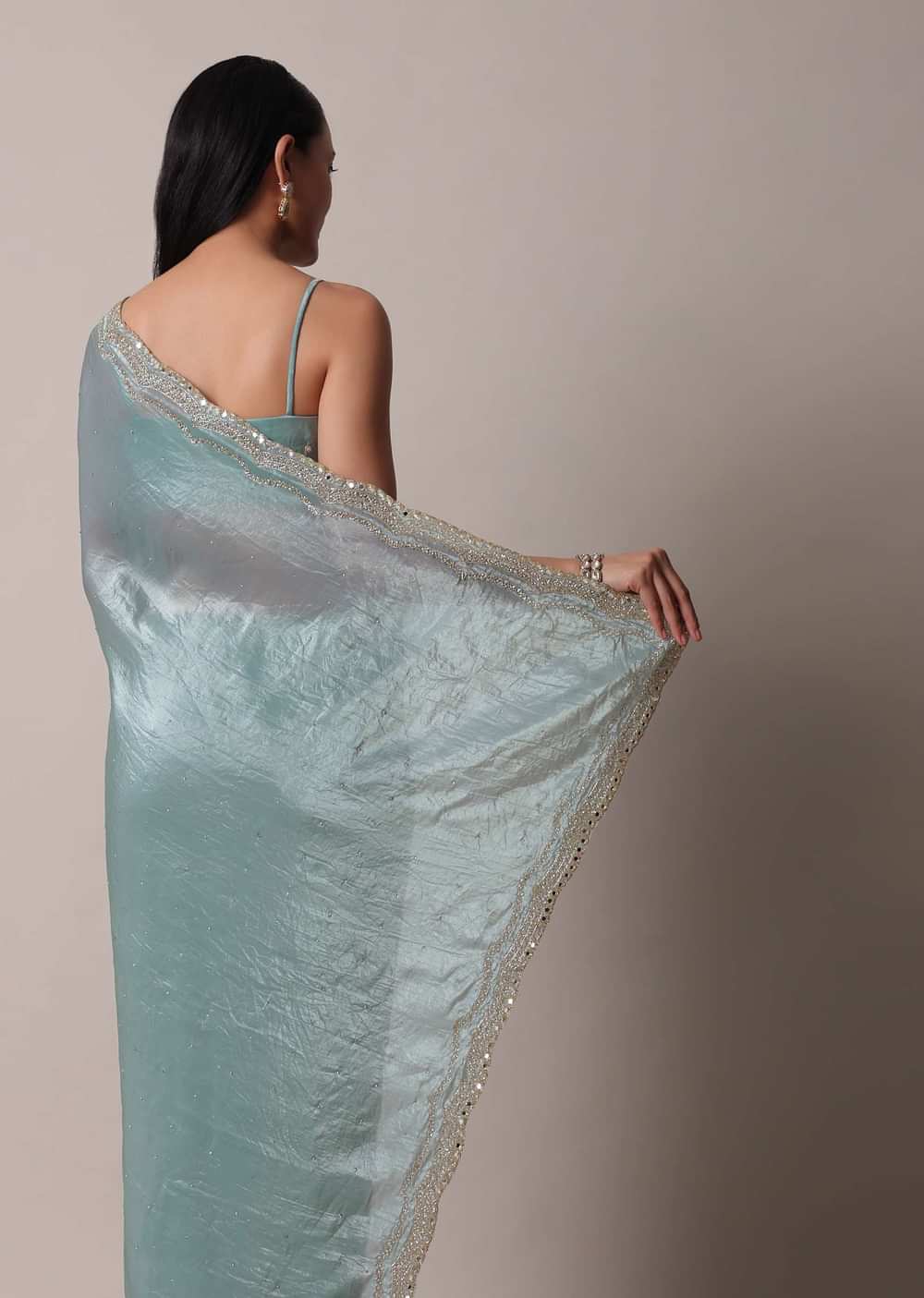 Sea Blue Tissue Saree With Mirror Work And Unstitched Blouse Piece