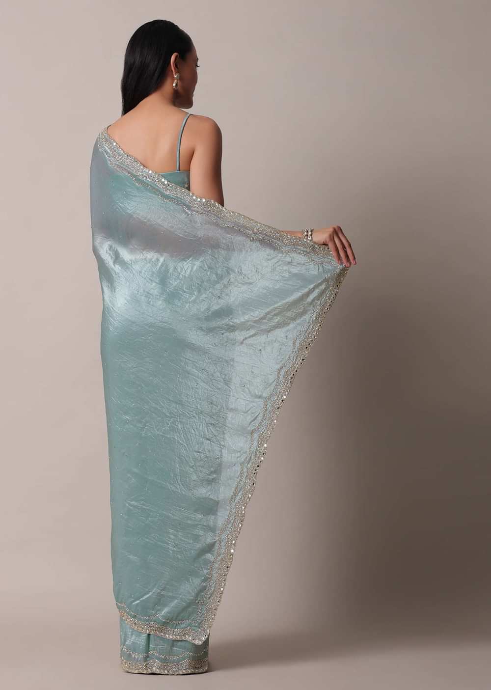 Sea Blue Tissue Saree With Mirror Work And Unstitched Blouse Piece