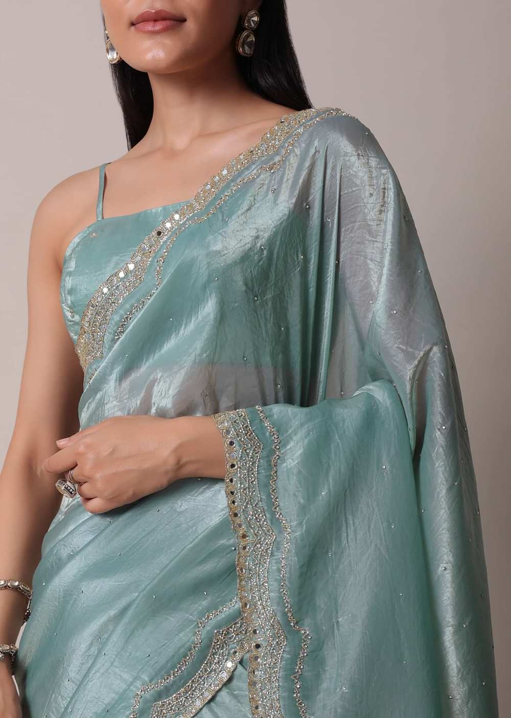 Sea Blue Tissue Saree With Mirror Work And Unstitched Blouse Piece