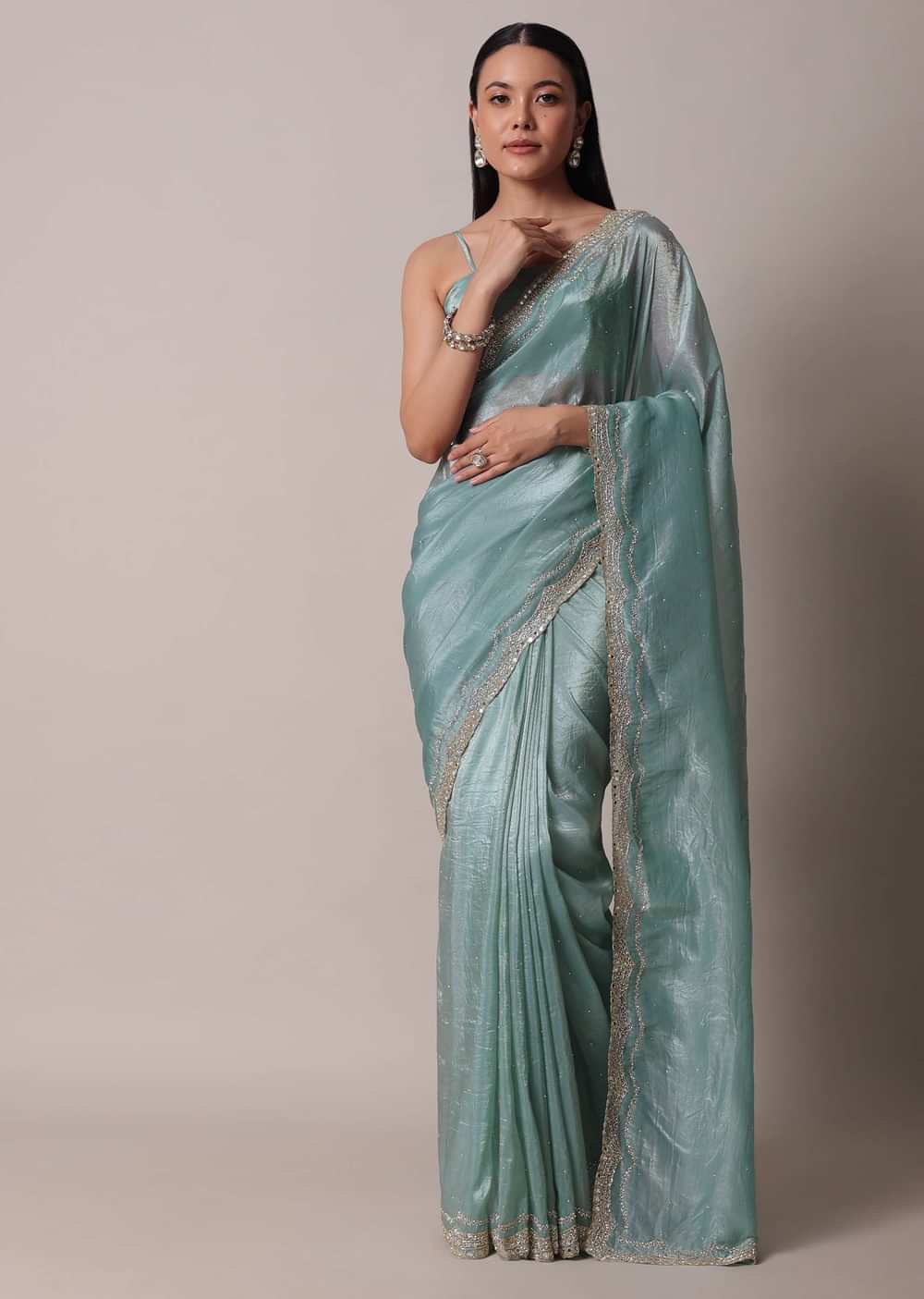 Sea Blue Tissue Saree With Mirror Work And Unstitched Blouse Piece