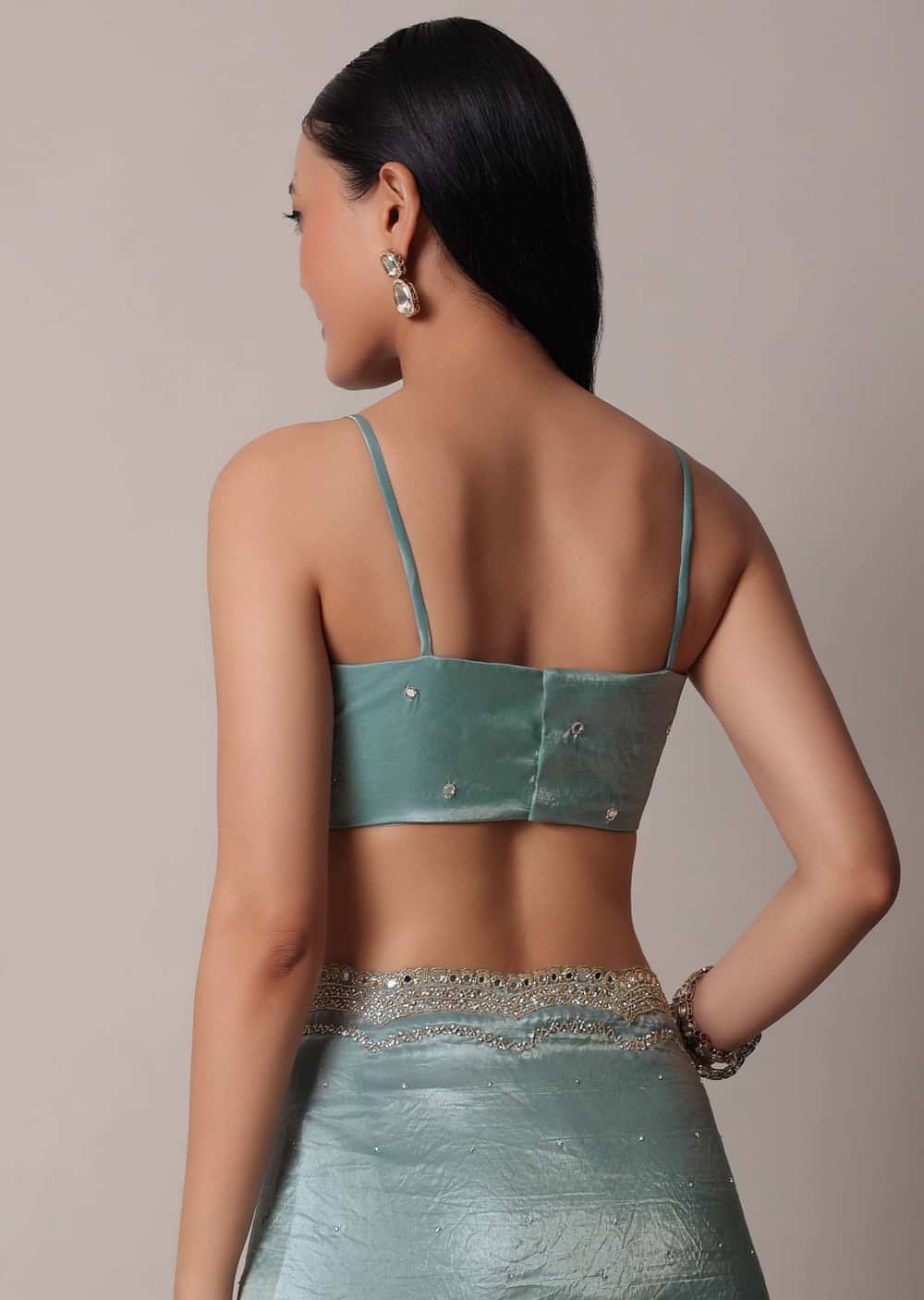 Sea Blue Tissue Saree With Mirror Work And Unstitched Blouse Piece