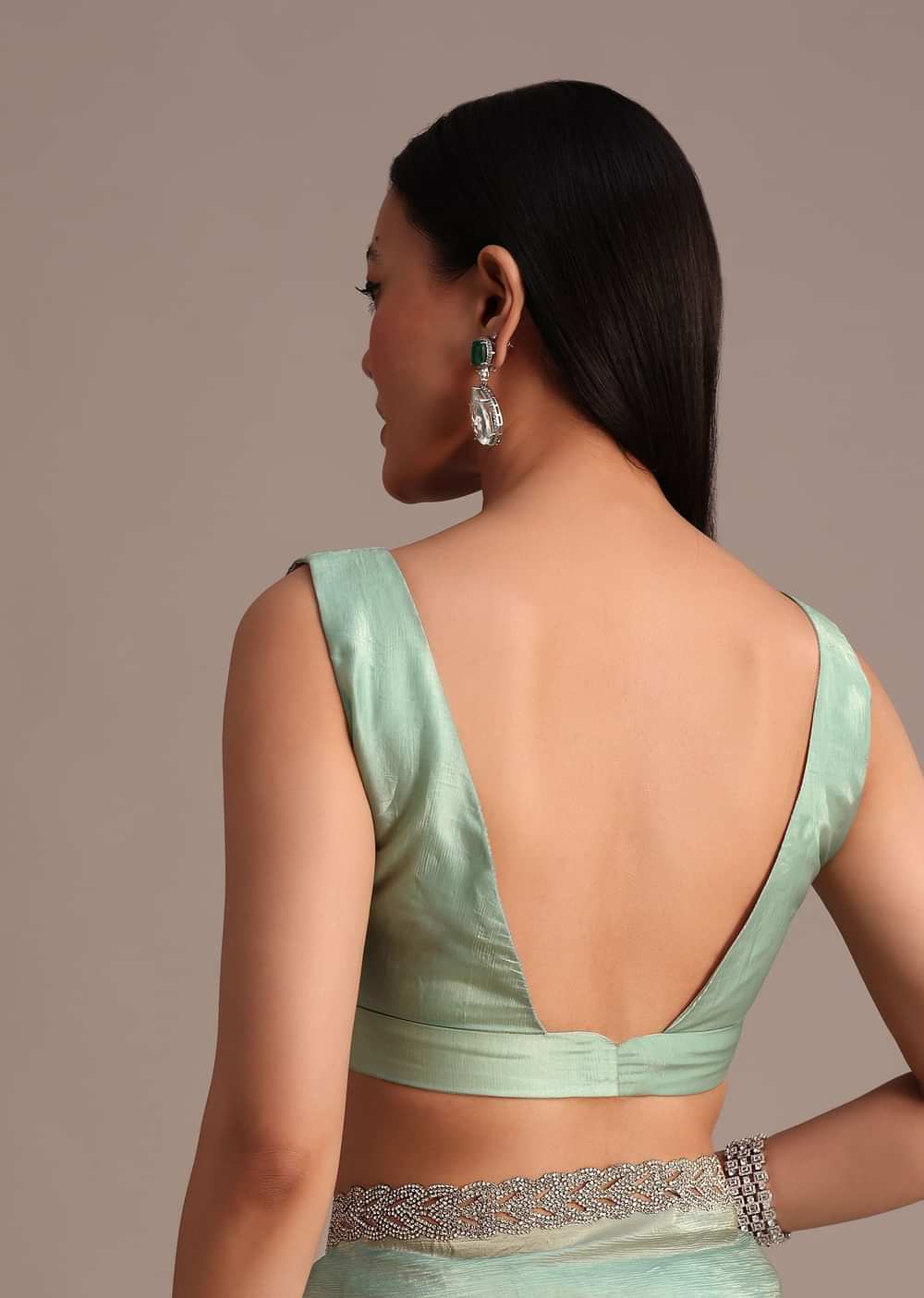 Sea Green Crushed Tissue Saree With Stone Embellished Border