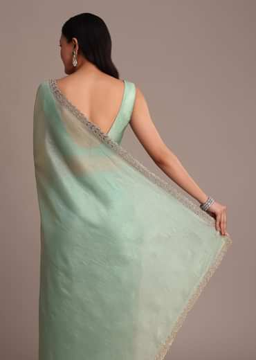 Sea Green Crushed Tissue Saree With Stone Embellished Border