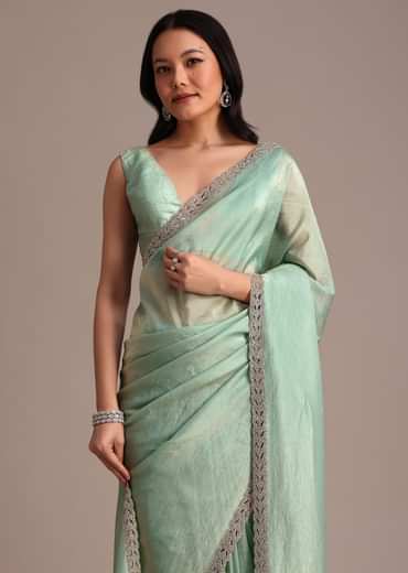 Sea Green Crushed Tissue Saree With Stone Embellished Border