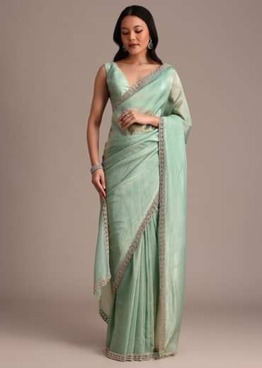 Sea Green Crushed Tissue Saree With Stone Embellished Border