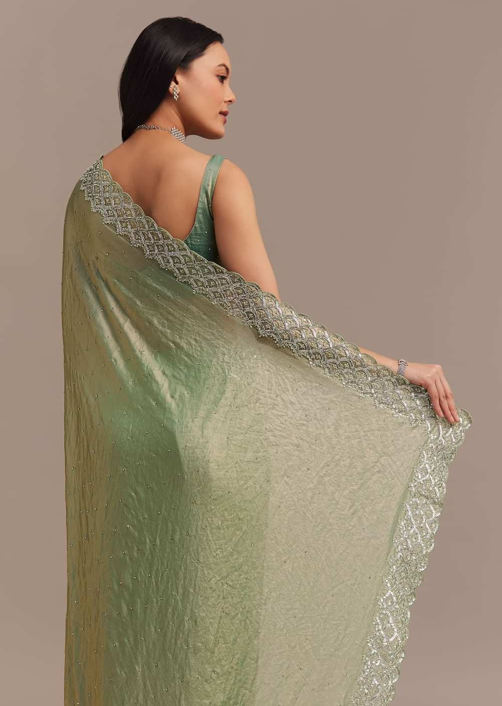 Sea Green Glass Tissue Saree With Cutdana And Stone Embroidery