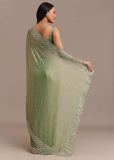 Sea Green Glass Tissue Saree With Cutdana And Stone Embroidery