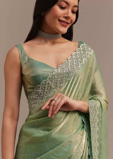 Sea Green Glass Tissue Saree With Cutdana And Stone Embroidery