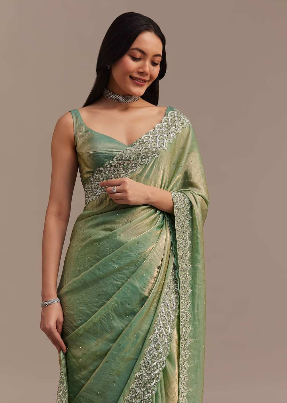 Sea Green Glass Tissue Saree With Cutdana And Stone Embroidery