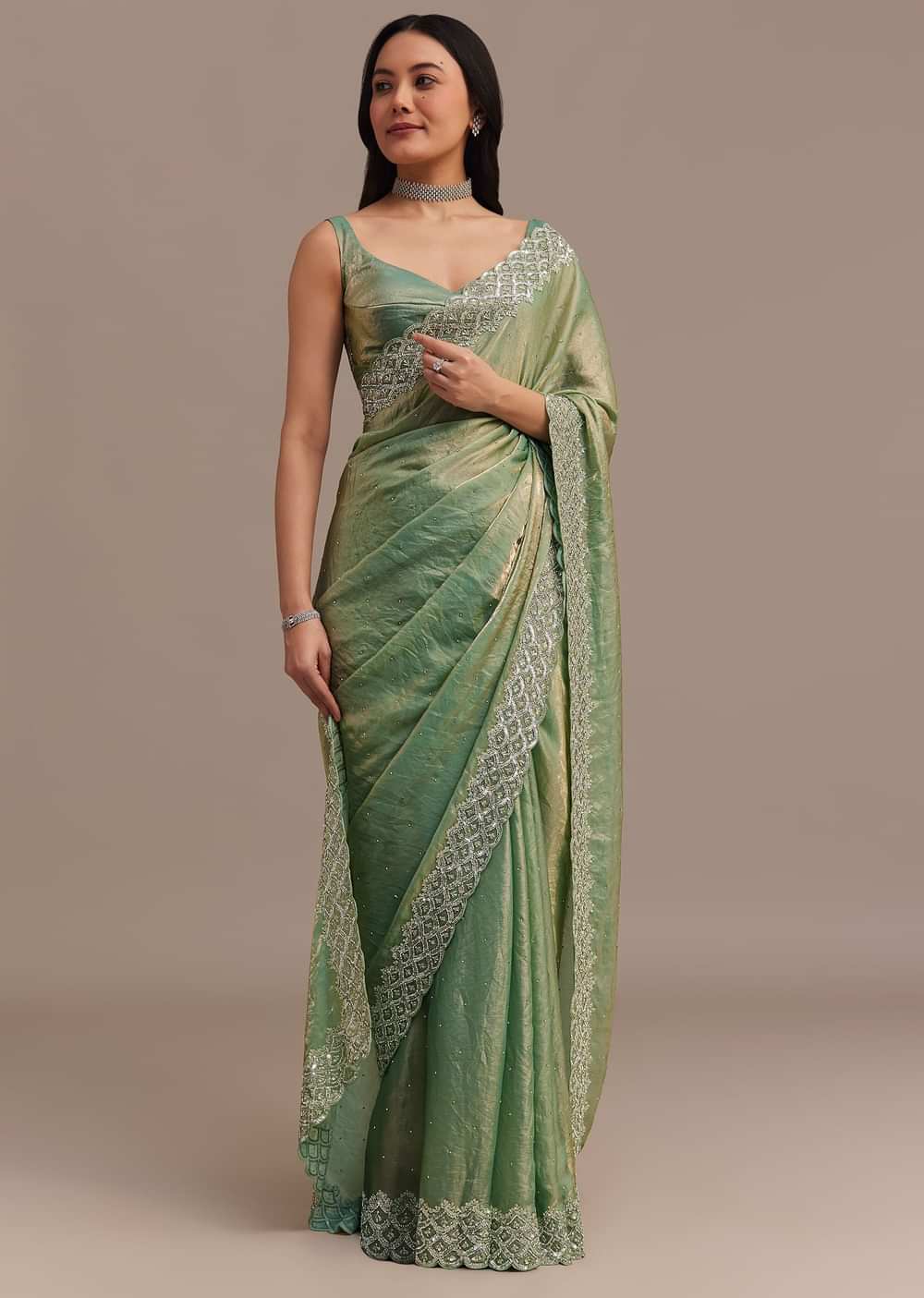 Sea Green Glass Tissue Saree With Cutdana And Stone Embroidery