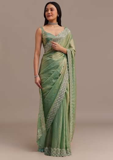 Sea Green Glass Tissue Saree With Cutdana And Stone Embroidery