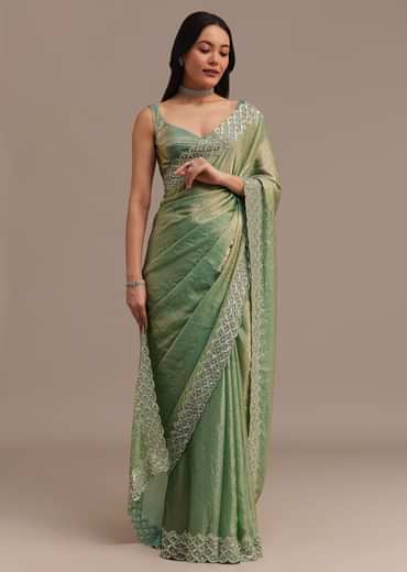 Sea Green Glass Tissue Saree With Cutdana And Stone Embroidery