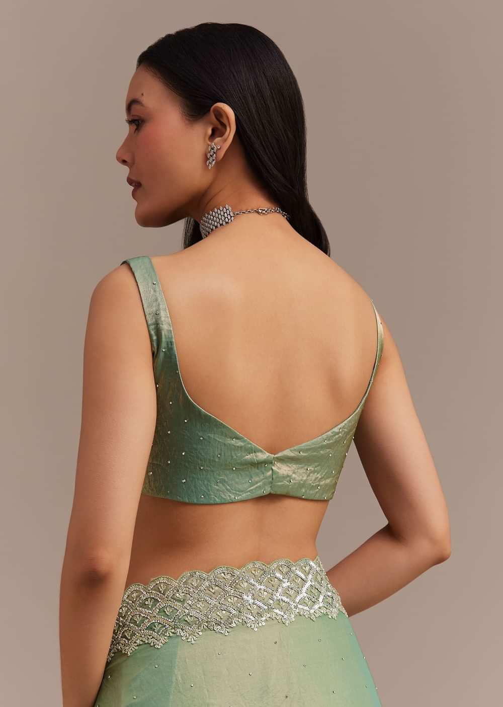 Sea Green Glass Tissue Saree With Cutdana And Stone Embroidery