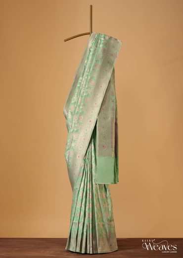 Sea Green Handloom Banarasi Saree In Uppada Silk With Unstitched Blouse