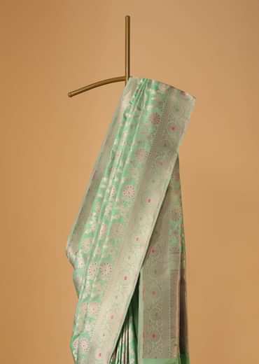 Sea Green Handloom Banarasi Saree In Uppada Silk With Unstitched Blouse