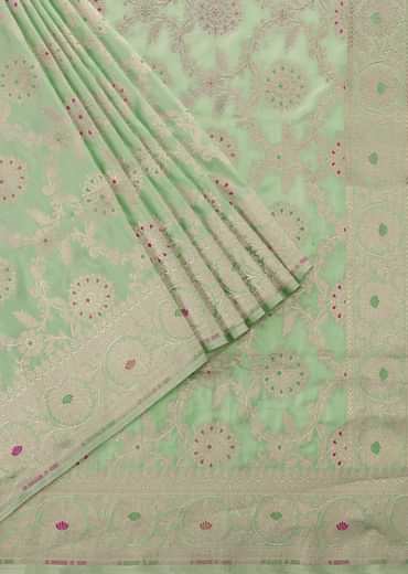 Sea Green Handloom Banarasi Saree In Uppada Silk With Unstitched Blouse